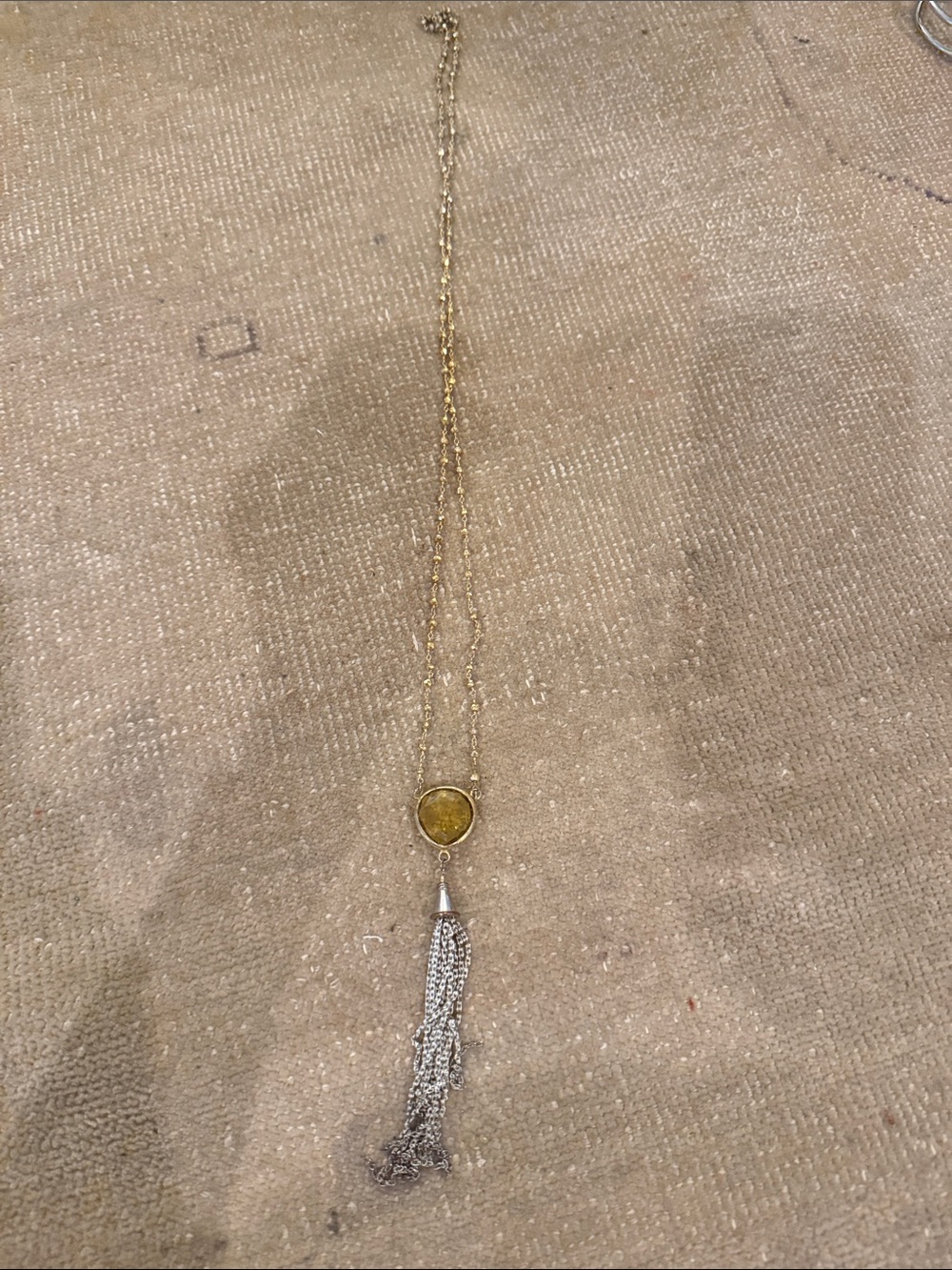Gold-Tone Long Necklace with Yellow Stone and Silver Tassel